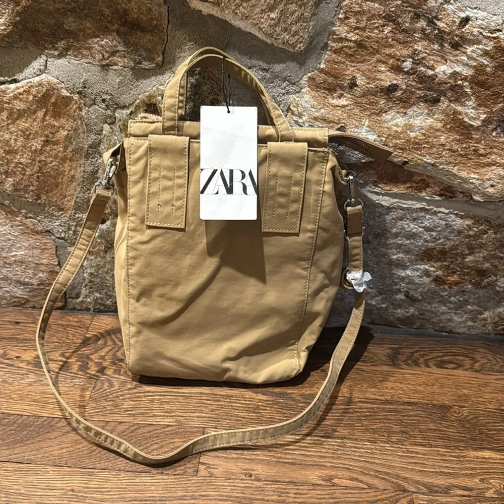 Zara Tote Bag Beige/ Tan satchel with crossbody strap NWT - Picture 6 of 7